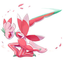 Rule 34 | creatures (company), from side, full body, game freak, gen 7 pokemon, looking at viewer, looking to the side, lurantis, nintendo, no humans, on one knee, outstretched arm, petals, pokemon, pokemon (creature), profile, red eyes, simple background, slashing, solo, white background