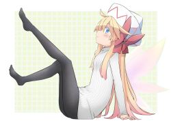 Rule 34 | 1girl, absurdres, alternate costume, black pantyhose, blonde hair, blue eyes, blush, closed mouth, fairy, fairy wings, from side, grey sweater, hair between eyes, hat, highres, lily white, long hair, long sleeves, pantyhose, ribbed sweater, smile, solo, sweater, touhou, white hat, wings, yutamaro