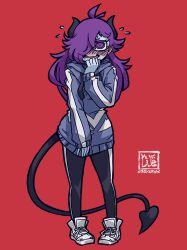Rule 34 | 1girl, black horns, black leggings, black pants, black tail, blue hoodie, blue skin, blush, colored skin, demon girl, demon horns, demon tail, drawstring, ear blush, embarrassed, flying sweatdrops, full-face blush, full body, hair over one eye, hand to own mouth, helltaker, highres, hood, hoodie, horns, leggings, long hair, looking at viewer, nervous, nose blush, one eye covered, open mouth, original, pants, purple eyes, purple hair, red background, shoelaces, shoes, signature, simple background, sindraws, sleeves past wrists, sneakers, solo, standing, sweatdrop, tail, tight clothes, tight pants, tongue, wavy mouth, white footwear