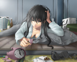 Rule 34 | 1girl, armored core, armored core: for answer, black hair, box, breasts, broken, clock, female focus, from software, futon, indoors, long hair, lying, serene haze, solo