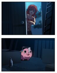Rule 34 | 1girl, 1other, 2koma, :3, :d, absurdres, animalization, backlighting, blurry, bocchi the rock!, bottle, box, cardboard box, chainsaw, chainsaw man, comic, commentary, crying, crying with eyes open, cube hair ornament, depth of field, door, doorknob, doorway, english commentary, gotoh hitori, hair between eyes, hair ornament, highres, hinghoi, indoors, kita ikuyo, long hair, long sleeves, looking at viewer, night, night sky, one side up, open mouth, opening door, parody, peeking out, pleated skirt, plywood, pochita (chainsaw man), pov doorway, pun, red hair, school uniform, season connection, serafuku, sidelocks, silent comic, skirt, sky, smile, stairs, surprised, sweatdrop, tears, yellow eyes