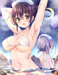 Rule 34 | 2girls, :t, armpits, arms up, bikini, blue sky, blush, blush stickers, breast envy, breasts, brown eyes, brown hair, cleavage, closed mouth, cloud, cloudy sky, collarbone, commentary request, crescent moon, day, groin, hair between eyes, highres, kurou (quadruple zero), large breasts, mole, mole on breast, mole under eye, moon, multiple girls, navel, ninose shizuku, onsen, outdoors, partially submerged, pout, red eyes, shirakawa kokona, sidelocks, silver hair, sky, small breasts, swimsuit, towel, towel on head, watashi no tame ni nuginasai!, wet, white bikini