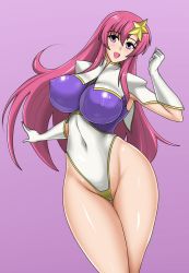 Rule 34 | 1girl, bare legs, breasts, cameltoe, covered erect nipples, covered navel, cowboy shot, female focus, gloves, gradient background, gundam, gundam seed, gundam seed destiny, hair ornament, highleg, highleg leotard, large breasts, leotard, long hair, looking at viewer, meer campbell, multicolored leotard, nado.e, pink hair, purple background, purple eyes, solo, standing, star (symbol), star hair ornament, white gloves