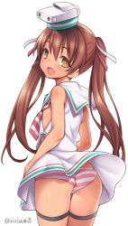 Rule 34 | 10s, 1girl, :d, ass, bare shoulders, blush, brown eyes, brown hair, dark-skinned female, dark skin, dress, fang, hair ribbon, hat, kantai collection, libeccio (kancolle), long hair, looking at viewer, looking back, open mouth, panties, pantyshot, pink panties, ribbon, sailor dress, simple background, sleeveless, smile, solo, standing, striped clothes, striped panties, thigh strap, twintails, twitter username, underwear, uousa-ou, white background