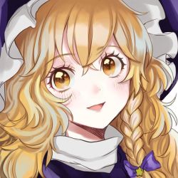 Rule 34 | 1girl, :&gt;, :d, black hat, blonde hair, blush, bow, braid, commentary request, eyelashes, hair between eyes, hair bow, hat, kirisame marisa, long hair, looking at viewer, open mouth, portrait, purple bow, rosette (roze-ko), simple background, single braid, smile, solo, star (symbol), touhou, white background, witch hat, yellow eyes