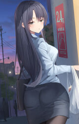 Rule 34 | 1girl, 2others, ass, bag, black hair, black pantyhose, black skirt, blush, closed mouth, commentary request, evening, from behind, grey eyes, highres, holding, holding bag, long hair, long sleeves, looking at viewer, looking back, multiple others, office lady, original, outdoors, pantyhose, shirt tucked in, shougun (chuckni1), skirt, solo focus