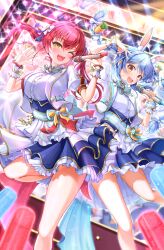 Rule 34 | 2girls, blue hair, blue skirt, braid, breasts, carrot hair ornament, cropped jacket, food-themed hair ornament, hair ornament, highres, holding, holding microphone, hololive, hololive idol uniform (bright), houshou marine, jacket, large breasts, long hair, looking at viewer, microphone, multicolored hair, multiple girls, napozouattop, official alternate costume, one eye closed, open mouth, rabbit-shaped pupils, red hair, shirt, short eyebrows, skirt, streaked hair, symbol-shaped pupils, teeth, twin braids, twintails, upper teeth only, usada pekora, v, virtual youtuber, white hair, white jacket, white shirt, yellow eyes