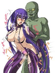 Rule 34 | 1boy, 1girl, ahegao, akiyama rinko, blue hair, bottomless, breasts, curvy, doggystyle, fangs, grabbing, heavy breathing, hetero, large breasts, long hair, machinery (artist), moaning, nipples, orc, pubic tattoo, purple eyes, pussy, pussy juice, saliva, sex, sex from behind, shiny skin, slave, sweat, taimanin (series), taimanin yukikaze, tattoo, text focus, tongue, tongue out, trembling, upper body, very long hair
