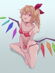 Rule 34 | 1girl, absurdres, bikini, blonde hair, breasts, fangs, flandre scarlet, full body, gradient background, grey background, hair ribbon, highres, indian style, kaden (muxt8423), looking at viewer, one side up, pointy ears, red eyes, red ribbon, ribbon, sitting, small breasts, solo, swimsuit, touhou
