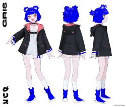 Rule 34 | 1girl, animal ears, bear ears, belt, black jacket, blue footwear, blue hair, character name, character sheet, choker, dress, fang, from behind, from side, full body, gris (vertigris), hairstyle request, highres, hood, hooded jacket, jacket, multiple views, nail polish, open mouth, original, red eyes, see-through, see-through dress, see-through sleeves, short hair, simple background, smile, socks, standing, vertigris, white background, white dress, white socks