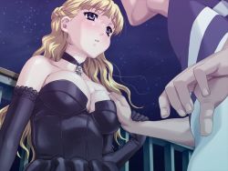 Rule 34 | 00s, 1boy, 1girl, bare shoulders, blonde hair, blush, grabbing another&#039;s breast, breasts, choker, cleavage, dress, elbow gloves, game cg, gloves, grabbing, guided breast grab, guiding hand, happoubi jin, hetero, ichijo daisuke, large breasts, long hair, railing, resort boin, solo focus, tsukushino mitsugu