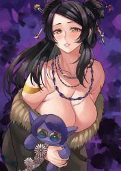 Rule 34 | 1girl, absurdres, bare shoulders, black hair, blood hood, body markings, breasts, cleavage, coat, commission, commissioner upload, cosplay, double bun, final fantasy, final fantasy x, floral print, gem, hair bun, hair ornament, highres, huge breasts, jewelry, lulu (ff10), nail polish, necklace, original, purple background, second-party source, smile, solo, stuffed toy, teeth, yellow eyes