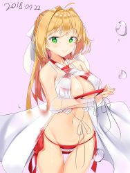 Rule 34 | 1girl, absurdres, ahoge, bare shoulders, bikini, blonde hair, blush, braid, breasts, bubble, cleavage, collarbone, commentary request, dated, dress, fate/grand order, fate (series), green eyes, hair intakes, hair ribbon, highres, jacket, kuse (0201), large breasts, long hair, looking at viewer, nero claudius (fate), nero claudius (fate) (all), nero claudius (swimsuit caster) (fate), nero claudius (swimsuit caster) (third ascension) (fate), red bikini, ribbon, see-through, smile, solo, striped bikini, striped clothes, swimsuit, white bikini, white jacket