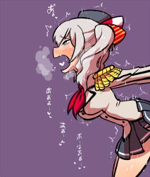 Rule 34 | 1girl, ^^^, ahegao, bent over, black hat, blush, bow, epaulettes, from side, full-face blush, grey hair, grey skirt, hair bow, hat, heart, heart in mouth, heavy breathing, implied sex, jacket, kantai collection, kashima (kancolle), motion lines, neckerchief, nervous sweating, open mouth, pleated skirt, profile, purple background, rariatto (ganguri), red neckerchief, rolling eyes, short hair, simple background, skirt, solo, sweat, sweatdrop, translation request, twintails, white jacket