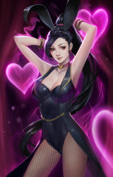 Rule 34 | 1girl, animal ears, arms behind head, bare shoulders, black hair, black leotard, bracelet, breasts, rabbit ears, chain, choker, cleavage, dragon quest, dragon quest xi, fake animal ears, fishnet pantyhose, fishnets, heart, heart choker, high ponytail, jewelry, large breasts, leotard, lips, long hair, looking at viewer, martina (dq11), pantyhose, phamoz, playboy bunny, ponytail, red eyes, red lips, smile, solo, tailcoat, very long hair