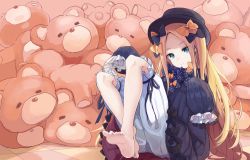 Rule 34 | 1girl, abigail williams (fate), barefoot, black bow, black dress, black hat, blonde hair, bloomers, blue eyes, bow, bug, butterfly, closed mouth, commentary request, date (mamanonamaebot), dress, fate/grand order, fate (series), feet, forehead, hair bow, hat, head tilt, highres, insect, long hair, long sleeves, looking at viewer, orange bow, parted bangs, polka dot, polka dot bow, sitting, sleeves past wrists, soles, solo, stuffed animal, stuffed toy, teddy bear, toes, underwear, very long hair, white bloomers