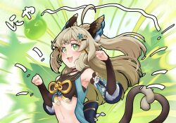 Rule 34 | 1girl, :3, :d, ahoge, animal ear fluff, animal ears, bare shoulders, black shirt, cat ears, cat tail, commentary, crop top, detached sleeves, fake animal ears, genshin impact, green eyes, grey hair, half updo, kirara (genshin impact), long hair, long sleeves, looking at viewer, midriff, multiple tails, navel, open mouth, shirt, sleeveless, sleeveless shirt, smile, solo, stomach, tail, translation request, two tails, upper body, uzikowa