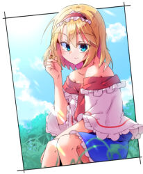 Rule 34 | 1girl, alice margatroid, blonde hair, blue dress, blue eyes, blue sky, capelet, closed mouth, cloud, day, dondyuruma, dress, frilled hairband, frills, hairband, hand in own hair, lolita hairband, looking at viewer, medium hair, off shoulder, red hairband, sitting, sky, smile, solo, touhou, white capelet