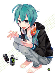 Rule 34 | 10s, 1girl, :d, ahoge, androgynous, aqua hair, barefoot, breasts, can, casual, cleavage, denim, drink, feet, from side, full body, grey eyes, handheld game console, headphones, headphones around neck, highres, hood, hoodie, jeans, long sleeves, looking at viewer, official art, open mouth, pants, playing games, polka dot, polka dot background, ponkan 8, shirobako, short hair, small breasts, smile, solo, squatting, tomboy, toudou misa, white background