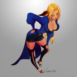 Rule 34 | 1girl, alternate costume, artist name, blonde hair, blue eyes, breasts, cleavage, coattails, dead or alive, hand on own hip, hand on own knee, helena douglas, juliet sleeves, lace-up thighhighs, large breasts, leaning forward, long hair, long sleeves, ponytail, puffy sleeves, sandals, seeso2d, solo, tailcoat, toes