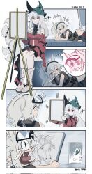 Rule 34 | 2girls, puff of air, animal ears, aqua headwear, arknights, breasts, brown shirt, crying, crying with eyes open, detached sleeves, drawing, easel, grani (arknights), grey hair, hat, highres, hip vent, holding drawing, horse, horse ears, horse girl, ibenq turbo, long hair, long sleeves, lying, medium breasts, multiple girls, notice lines, on side, open mouth, purple eyes, red eyes, running, shirt, sitting, skadi (arknights), skadi the corrupting heart (arknights), tears, thought bubble, tongue, very long hair, visor lift