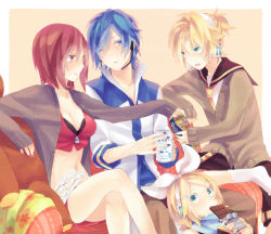 Rule 34 | 2boys, 2girls, akiyoshi (tama-pete), alcohol, beer, blonde hair, blue eyes, blue scarf, breasts, can, candy, chocolate, chocolate bar, cleavage, crossed legs, food, hair ornament, hair ribbon, hairclip, headphones, headset, kagamine len, kagamine rin, kaito (vocaloid), medium breasts, meiko (vocaloid), multiple boys, multiple girls, necktie, one eye closed, red eyes, red hair, ribbon, scarf, short hair, sitting, sweater, vocaloid, wink