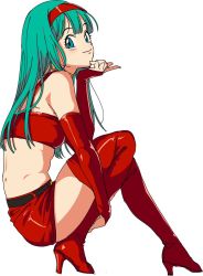 Rule 34 | 1girl, aqua eyes, aqua hair, bandeau, boots, bra (dragon ball), bridal gauntlets, dragon ball, from side, full body, hairband, high heel boots, high heels, highres, knees up, long hair, looking at viewer, midriff, red footwear, red hairband, red thighhighs, simple background, smile, solo, thigh boots, thighhighs, white background, zau (okogesan)
