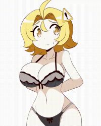 Rule 34 | 1girl, animated, animated gif, antenna hair, black bra, black panties, blonde hair, blush, bouncing breasts, bra, breasts, cleavage, colored skin, curvy, dan-chan, hair ornament, highleg, highleg panties, large breasts, looking away, lucyfer, open mouth, original, panties, short hair, simple background, solo, sweat, thong, underwear, undressing, upper body, white background, white skin, wide hips, yellow eyes