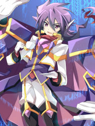 Rule 34 | 1boy, black footwear, blue background, boots, bow, cape, coat, cup, gloves, holding, holding cup, holding plate, long sleeves, looking at viewer, male focus, open mouth, pants, plate, purple cape, purple coat, purple eyes, purple hair, purple theme, red bow, rento (rukeai), saikyou ginga ultimate zero ~battle spirits~, smile, solo, spiked hair, white gloves, white pants, zero the flash