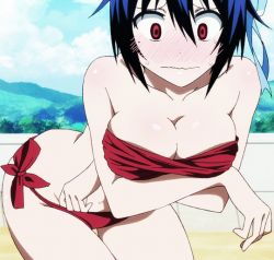 Rule 34 | 10s, 1girl, animated, animated gif, bare shoulders, bikini, blue hair, blush, breast hold, breasts, cleavage, nisekoi, open mouth, red eyes, short hair, solo, swimsuit, tsugumi seishirou