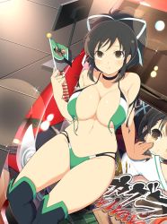 Rule 34 | 1girl, asuka (senran kagura), bare hips, bare shoulders, bikini, black hair, boots, breasts, brown eyes, cameltoe, car, cleavage, cleavage cutout, clothing cutout, confused, flag, hair ribbon, hand on car, highres, knee boots, large breasts, legs, looking up, motor vehicle, neckband, ponytail, race queen, revealing clothes, ribbon, senran kagura, sitting, sitting on car, solo, spread legs, swimsuit, thick thighs, thighs, thong bikini