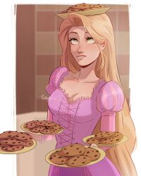 Rule 34 | 1girl, balancing, blonde hair, cookie, dress, food, food on head, gonzais, green eyes, highres, holding, holding plate, long hair, looking up, object on head, pink dress, plate, rapunzel (disney), solo, tangled, upper body, very long hair