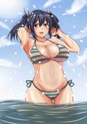 Rule 34 | 10s, 1girl, :d, alternate costume, bare arms, bare shoulders, bikini, blue eyes, blue hair, blush, breasts, chan (akuty ikkot), cleavage, hair between eyes, highres, kantai collection, large breasts, looking at viewer, matching hair/eyes, navel, open mouth, partially submerged, short twintails, side-tie bikini bottom, smile, solo, souryuu (kancolle), stomach, striped bikini, striped clothes, swimsuit, thigh gap, twintails, wading, water, wet, wet clothes