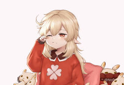 Rule 34 | 1girl, artist request, blonde hair, child, clover print, cowlick, genshin impact, hair between eyes, hair down, hand up, highres, jumpy dumpty, klee (genshin impact), long hair, long sleeves, one eye closed, pajamas, pillow, pointy ears, red eyes, red pajamas, rubbing eyes, sidelocks, sleepwear, solo, upper body, waking up, white background