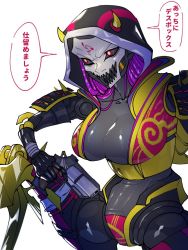 Rule 34 | 1girl, abyuramu yukidaruma, android, apex legends, ash (titanfall 2), b3 wingman, black sclera, breasts, cable, cleavage, collarbone, colored sclera, cropped jacket, gun, handgun, holding, holding gun, holding weapon, hood, hood up, horned hood, horns, inner demon ash, jacket, large breasts, metal skin, official alternate costume, pink jacket, purple hair, red eyes, revolver, sitting, solo, speech bubble, translation request, weapon, white background