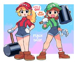 Rule 34 | blonde hair, blue eyes, breasts, brown hair, character name, cosplay, flower, friends, full body, gloves, grin, hammer, hand on own hip, hat, highres, legs, looking at viewer, luigi, mario, mario &amp; luigi rpg, mario (series), medium breasts, nintendo, open mouth, overalls, ponytail, princess daisy, princess peach, rariatto (ganguri), shorts, smile, speech bubble, standing, tomboy