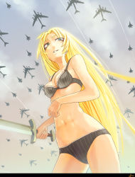 Rule 34 | 10s, 1girl, 2014, aqua eyes, bad id, bad pixiv id, bags under eyes, blonde hair, bra, breasts, cleavage, cloud, contrail, freckles, from below, frown, gradient background, highres, letterboxed, long hair, mr very, navel, original, panties, parted lips, ringed eyes, sky, small breasts, solo, striped bra, striped clothes, striped panties, sword, tu-142, underwear, underwear only, weapon