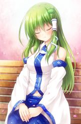 Rule 34 | 1girl, :t, bare shoulders, blue skirt, blush, breasts, closed eyes, commentary request, detached sleeves, frog hair ornament, green hair, hair between eyes, hair ornament, hair tubes, head tilt, highres, kochiya sanae, long hair, long sleeves, medium breasts, navel, osashin (osada), own hands together, petals, pink background, shirt, sidelocks, skirt, snake hair ornament, solo, touhou, white shirt, wide sleeves