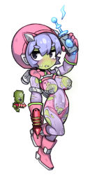 Rule 34 | 1girl, alien, arm up, black eyes, bodysuit, boots, breasts, cleft of venus, colored nipples, colored skin, covered navel, creature and personification, energy gun, full body, gloves, green skin, gun, hair between eyes, holding, holding gun, holding weapon, inverted nipples, knee boots, large breasts, leg up, multicolored bodysuit, multicolored clothes, nipples, no nose, nyong nyong, personification, pink bodysuit, pink footwear, pink gloves, purple bodysuit, purple hair, purple nipples, purple pussy, pussy, ray gun, reference inset, scutlix gunner (terraria), short hair, simple background, solo, terraria, torn bodysuit, torn clothes, two-tone bodysuit, uncensored, weapon, white background