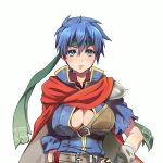 1girl animated blue_hair blush bouncing_breasts breasts cape cleavage fire_emblem gender_request genderswap genderswap_(mtf) headband ike_(fire_emblem) looking_at_viewer nintendo short_hair torn_clothes video