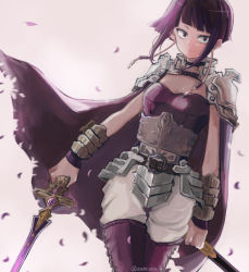 Rule 34 | 10s, 1girl, alternate costume, armor, bad id, bad pixiv id, bare shoulders, belt, blunt bangs, boku no hero academia, breasts, cape, cherry blossoms, choker, earplugs, jirou kyouka, looking at viewer, osanai, pants, purple eyes, purple hair, short hair, shoulder armor, simple background, smile, solo, sword, vambraces, weapon, white background