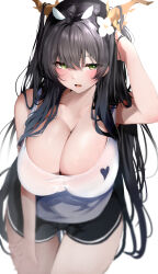 Rule 34 | 1girl, azur lane, black hair, blush, breasts, flower on hair, grabbing own hair, green eyes, hand on own head, horns, huge breasts, indomitable (azur lane), long hair, looking at viewer, open mouth, raru (nanaharararu), shorts, wet, wet clothes, white background