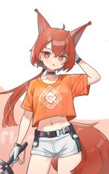 Rule 34 | 1girl, :p, ahoge, animal ears, arknights, black choker, blush, breasts, choker, cowboy shot, cropped shirt, extra ears, flametail (arknights), flametail (sport for all) (arknights), gloves, hair between eyes, hand up, highres, holding, holding sword, holding weapon, jiuyu qame, long hair, looking at viewer, midriff, navel, official alternate costume, orange eyes, orange hair, orange shirt, ponytail, shirt, short sleeves, shorts, simple background, small breasts, solo, squirrel ears, squirrel girl, squirrel tail, sword, t-shirt, tail, tongue, tongue out, weapon, white background, white gloves, white shorts