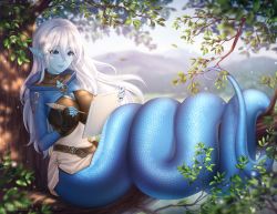Rule 34 | 1girl, blue skin, blush, colored skin, gigamessy, hood, lamia, long hair, looking at viewer, monster girl, paper, pointy ears, quill, sitting, slit pupils, smile, solo, tail, tail wrap, tree, white hair, writing