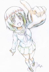 Rule 34 | 10s, 1girl, :d, absurdres, black neckerchief, black socks, blouse, brown eyes, brown footwear, brown hair, colored pencil (medium), commentary request, foreshortening, full body, girls und panzer, green skirt, highres, kitazinger, loafers, long sleeves, looking at viewer, miniskirt, neckerchief, nishizumi miho, ooarai school uniform, open mouth, pleated skirt, pointing, pointing at viewer, school uniform, serafuku, shadow, shirt, shoes, short hair, skirt, smile, socks, solo, standing, traditional media, white shirt