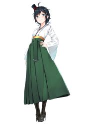 Rule 34 | 1girl, absurdres, ahoge, black hair, boots, coffeedog, commentary request, full body, green eyes, hakama, hakama skirt, hand on own hip, hat, high heel boots, high heels, highres, japanese clothes, kantai collection, kimono, matsukaze (kancolle), meiji schoolgirl uniform, mini hat, mini top hat, short hair, simple background, skirt, smile, solo, standing, top hat, white background