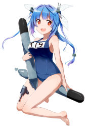 Rule 34 | 10s, 1girl, blue hair, blush, breasts, gotyou, hair ribbon, holding, i-19 (kancolle), kantai collection, long hair, md5 mismatch, one-piece swimsuit, open mouth, personification, red eyes, ribbon, school swimsuit, smile, solo, swimsuit, symbol-shaped pupils, torpedo, twintails