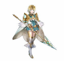 Rule 34 | 1girl, belt, blonde hair, blue eyes, blue hair, cape, crown, dress, earrings, feather trim, feathers, fire emblem, fire emblem heroes, fjorm (fire emblem), full body, gradient hair, holding, holding weapon, jewelry, long sleeves, looking at viewer, maeshima shigeki, multicolored hair, nintendo, polearm, short dress, short hair, simple background, smile, spear, standing, thighhighs, weapon, white background, zettai ryouiki