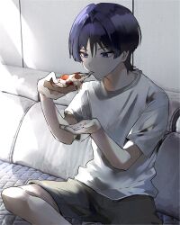 Rule 34 | 1boy, absurdres, alternate costume, black hair, cheese trail, commentary, couch, eating, food, genshin impact, grey shorts, hair between eyes, highres, holding, holding food, holding pizza, ike 0910, indoors, male focus, pizza, pizza slice, purple eyes, purple hair, scaramouche (genshin impact), shirt, short sleeves, shorts, sitting, solo, symbol-only commentary, white shirt