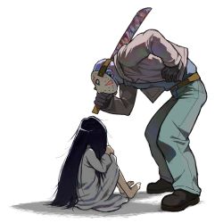 Rule 34 | 1boy, 1girl, bad id, bad pixiv id, bare shoulders, belt, bent over, black hair, blood, bloody weapon, brown footwear, crossover, dress, friday the 13th, gloves, hand on own hip, hatchet, hockey mask, holding, holding weapon, jacket, jason voorhees, long hair, looking at another, mask, messy hair, outsuki, pants, shoes, short hair, simple background, sitting, the ring, very long hair, weapon, white background, white dress, yamamura sadako